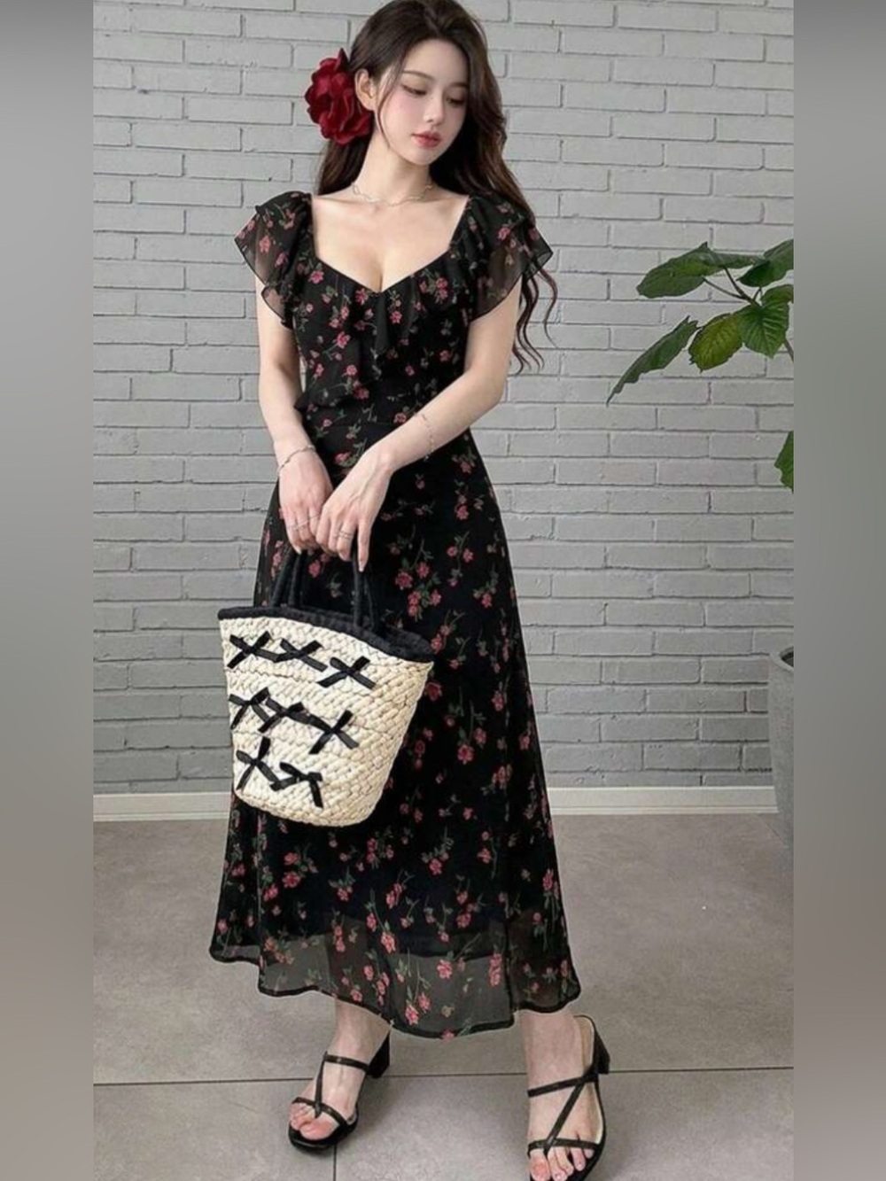 Nwt Milkmaid Floral Ruffle-Sleeve Dark romantic Maxi Dress sweetheart neckline